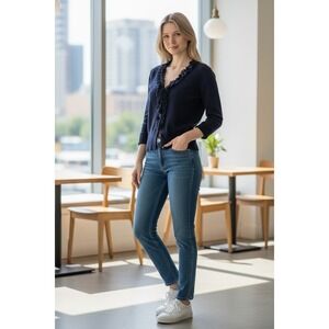 Coldwater Creek Navy Ruffle V-Neck Knit Top Women's Medium 3/4 Sleeve Cardigan